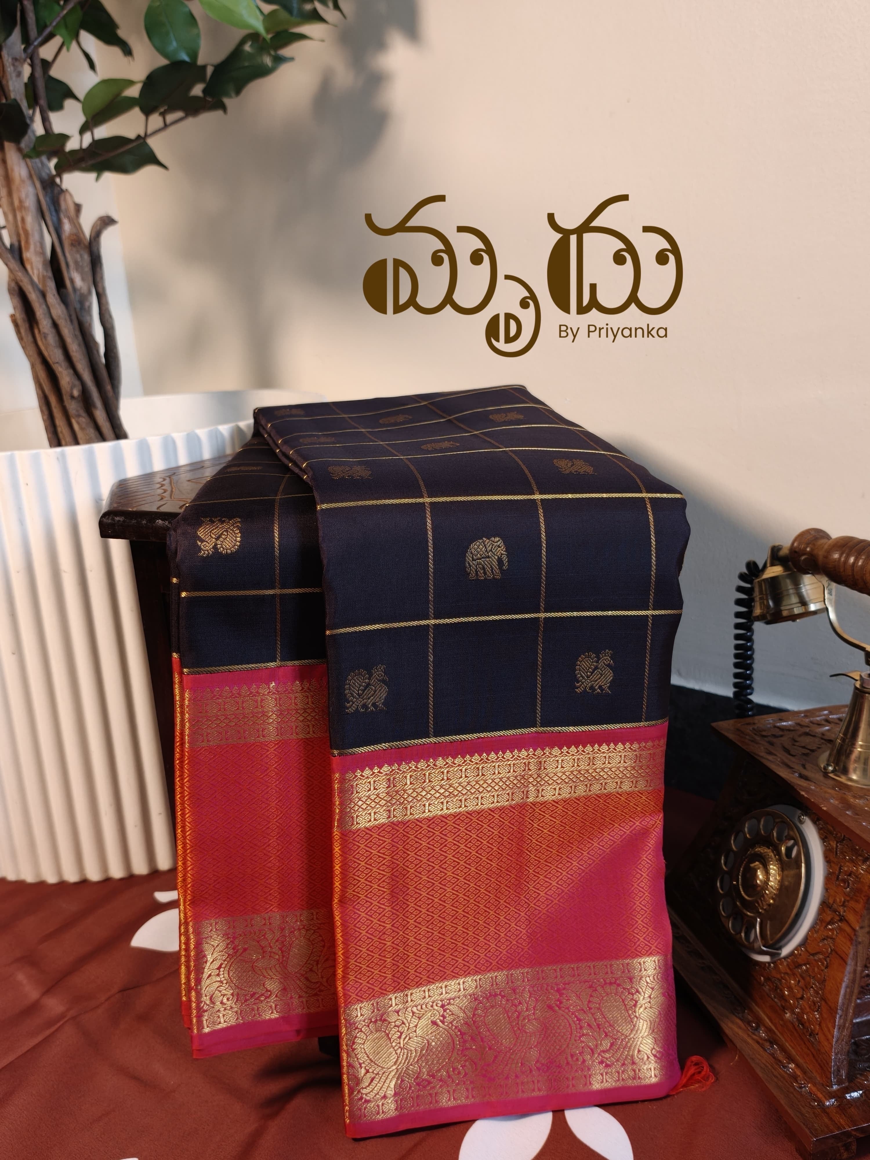 Black & Orange Kancheevaram Silk Saree