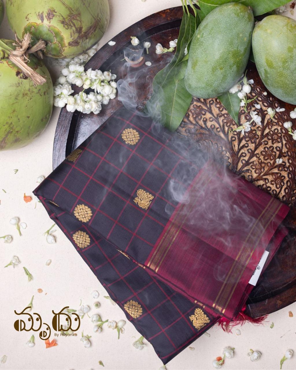 Black with Deep Maroon Kancheepuram Silk Saree