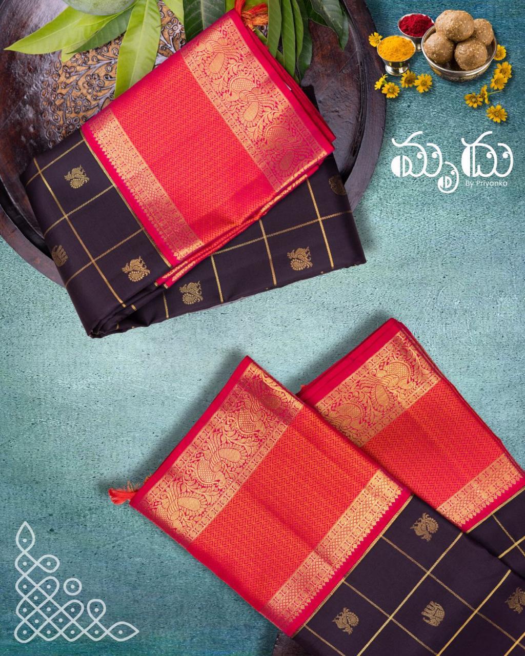 Black & Orange Kancheevaram Silk Saree