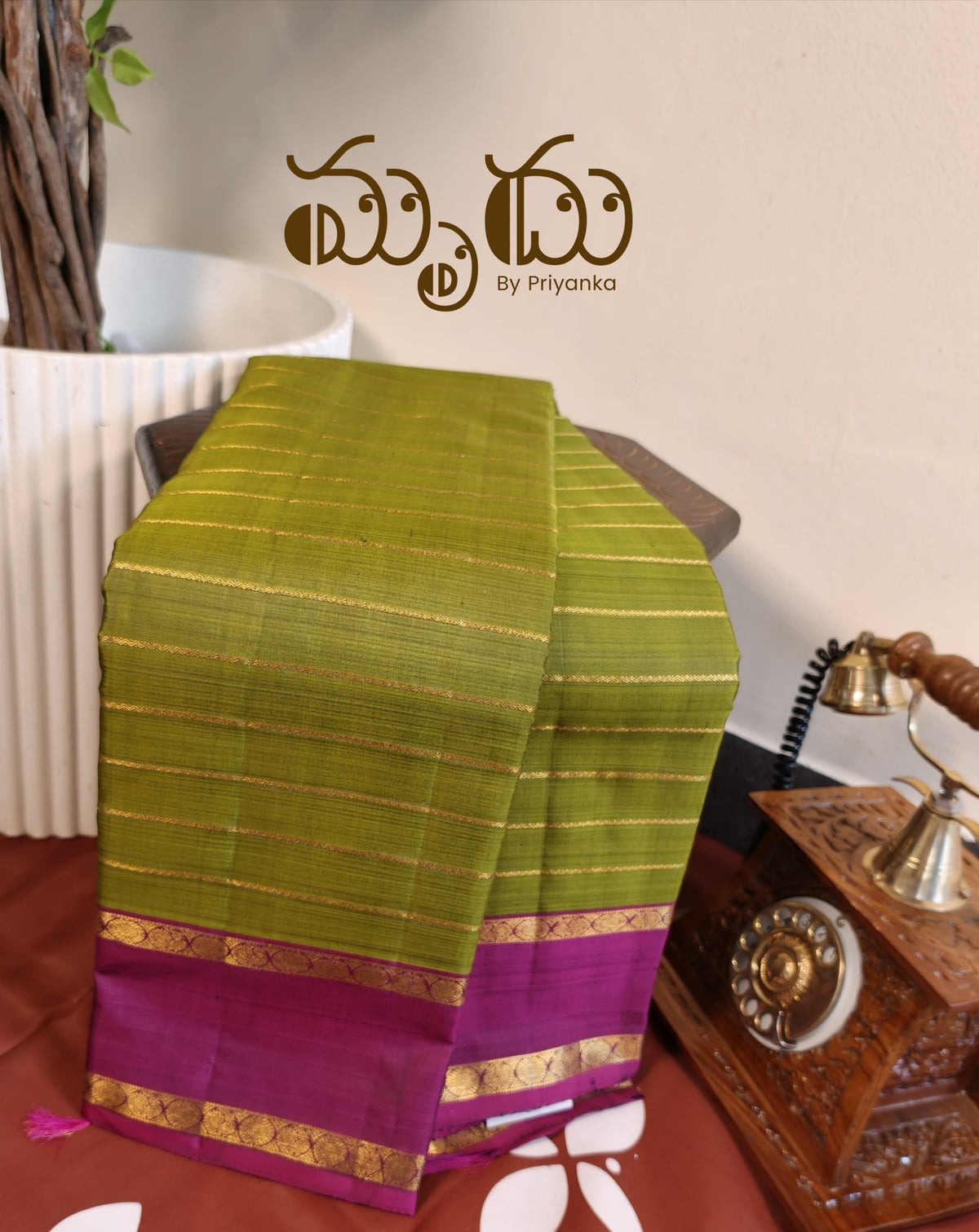 Green with magenta Gap Boarder Kancheepuram Saree