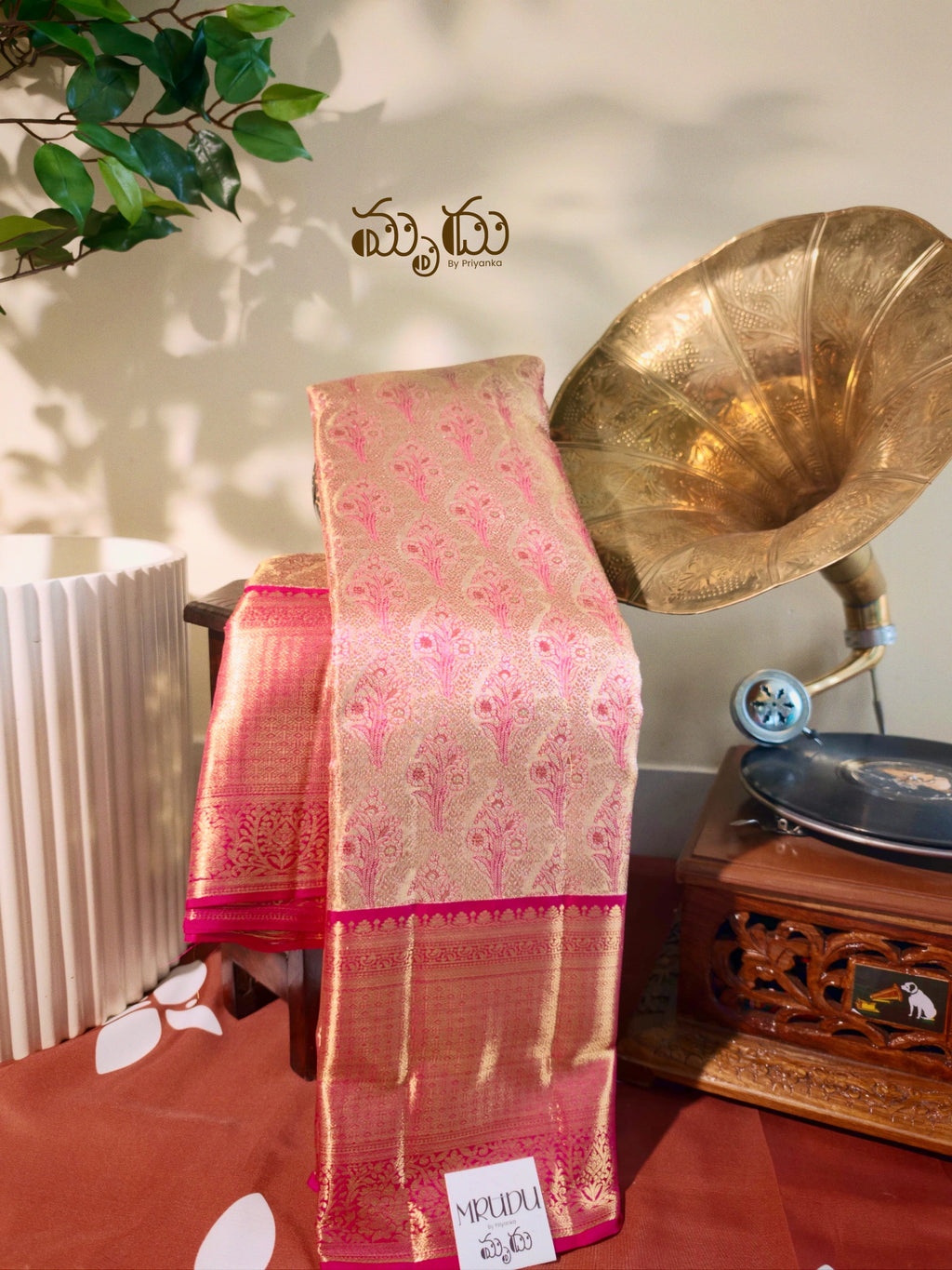 Gold with Violet brocade and Rani pink Boarder Kanjeevaram Saree