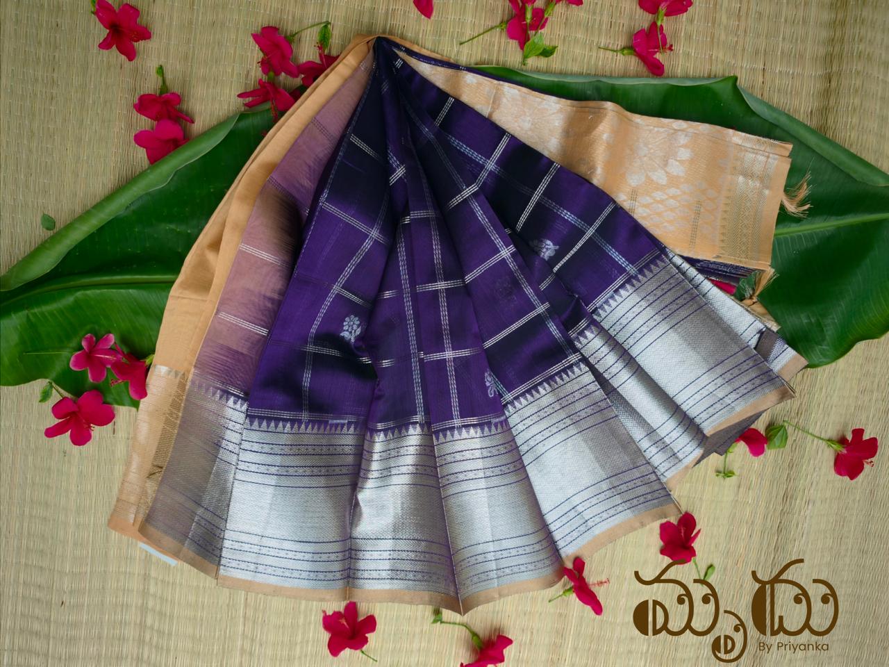 Deep Purple Mangalagiri Pattu Saree with Silver Checks & Nizam Border