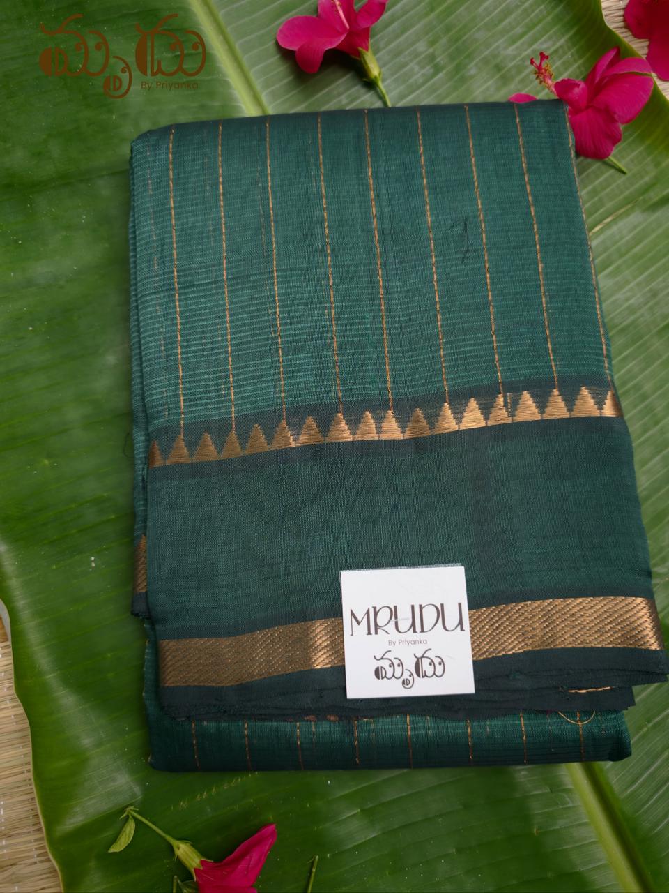 Heritage Bottle Green Mangalagiri Saree with Gold Kaddi Border