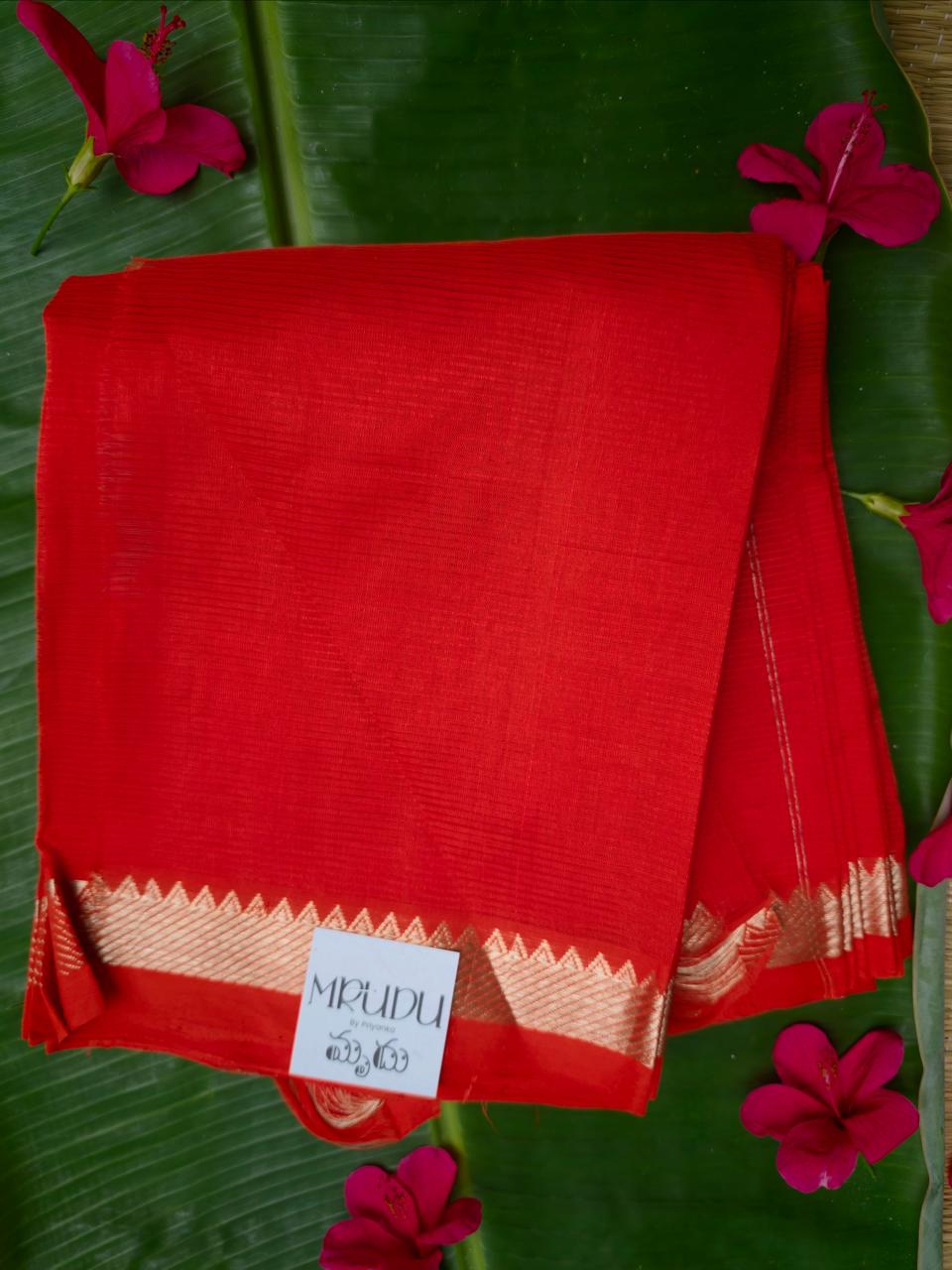 Festive Orange Mangalagiri Saree with Gold Zari Border
