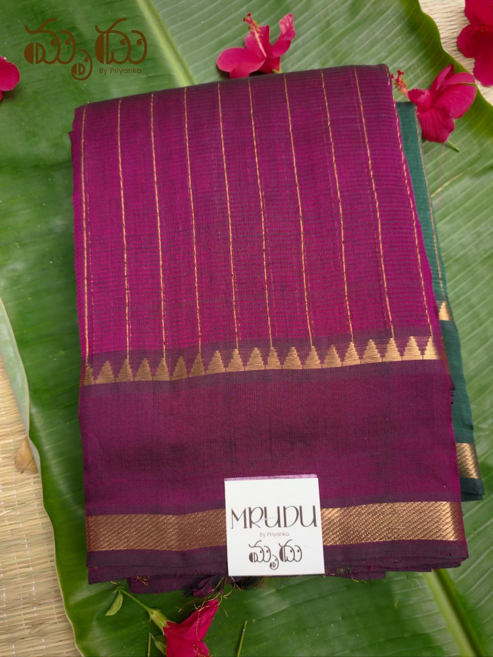 Dual-Tone Magenta Mangalagiri Saree with Gold Border