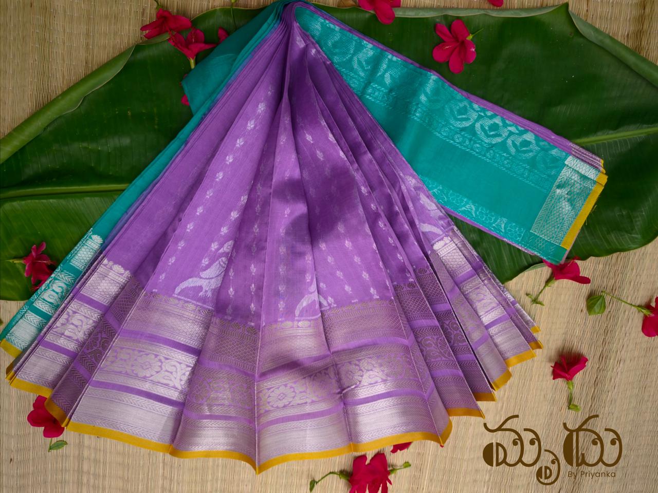 Pastel Lavender Mangalagiri Pattu Saree with Sea-Green Border