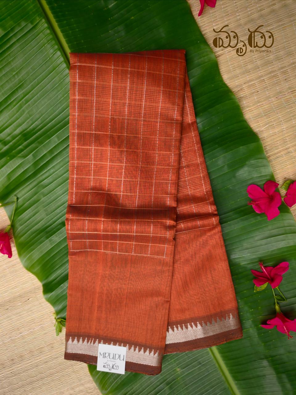 Rust-Brick Mangalagiri Saree with Silver Checks & Nizam Border