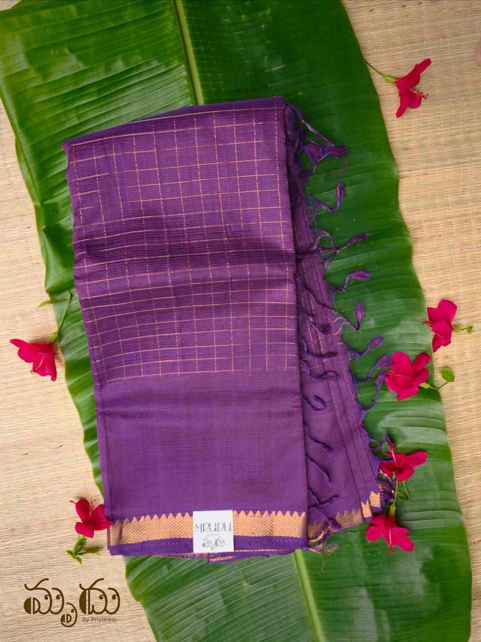 Deep Mauve Mangalagiri Saree with Gold Zari Checks & Temple Border