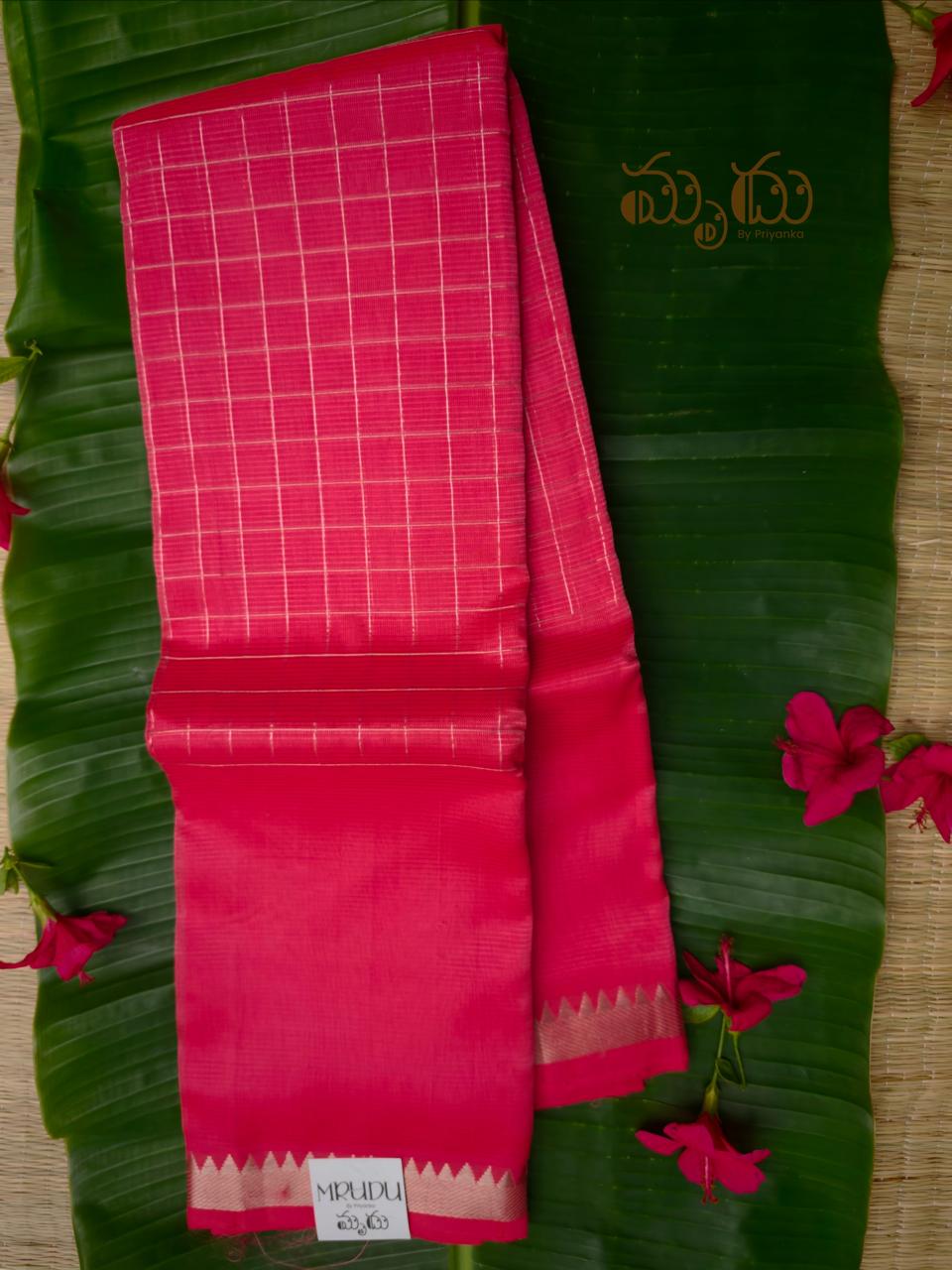 Rani Pink Mangalagiri Saree with Fine Silver Checks & Nizam Border
