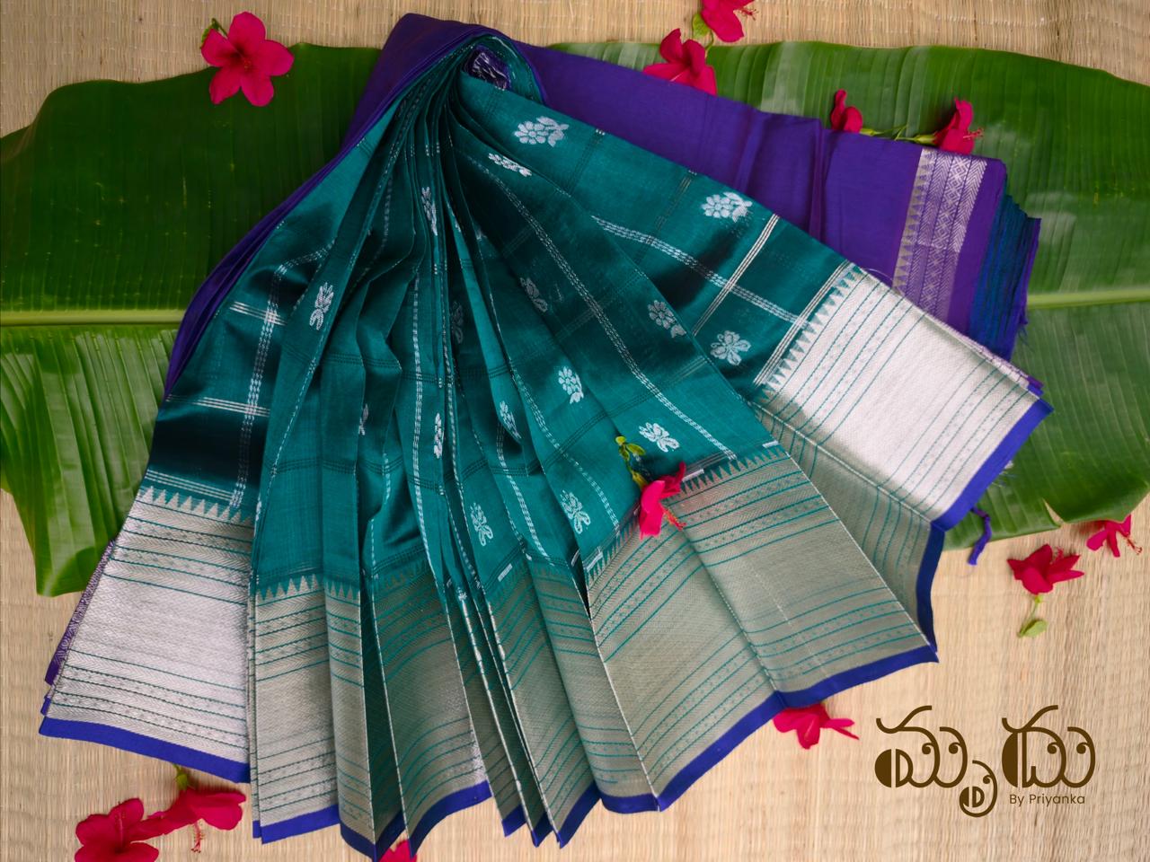 Peacock Teal Mangalagiri Pattu Saree with Royal Blue Nizam Border