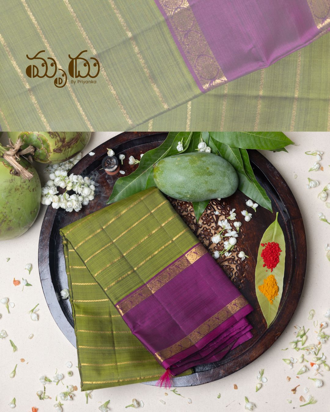 Green with magenta Gap Boarder Kancheepuram Saree