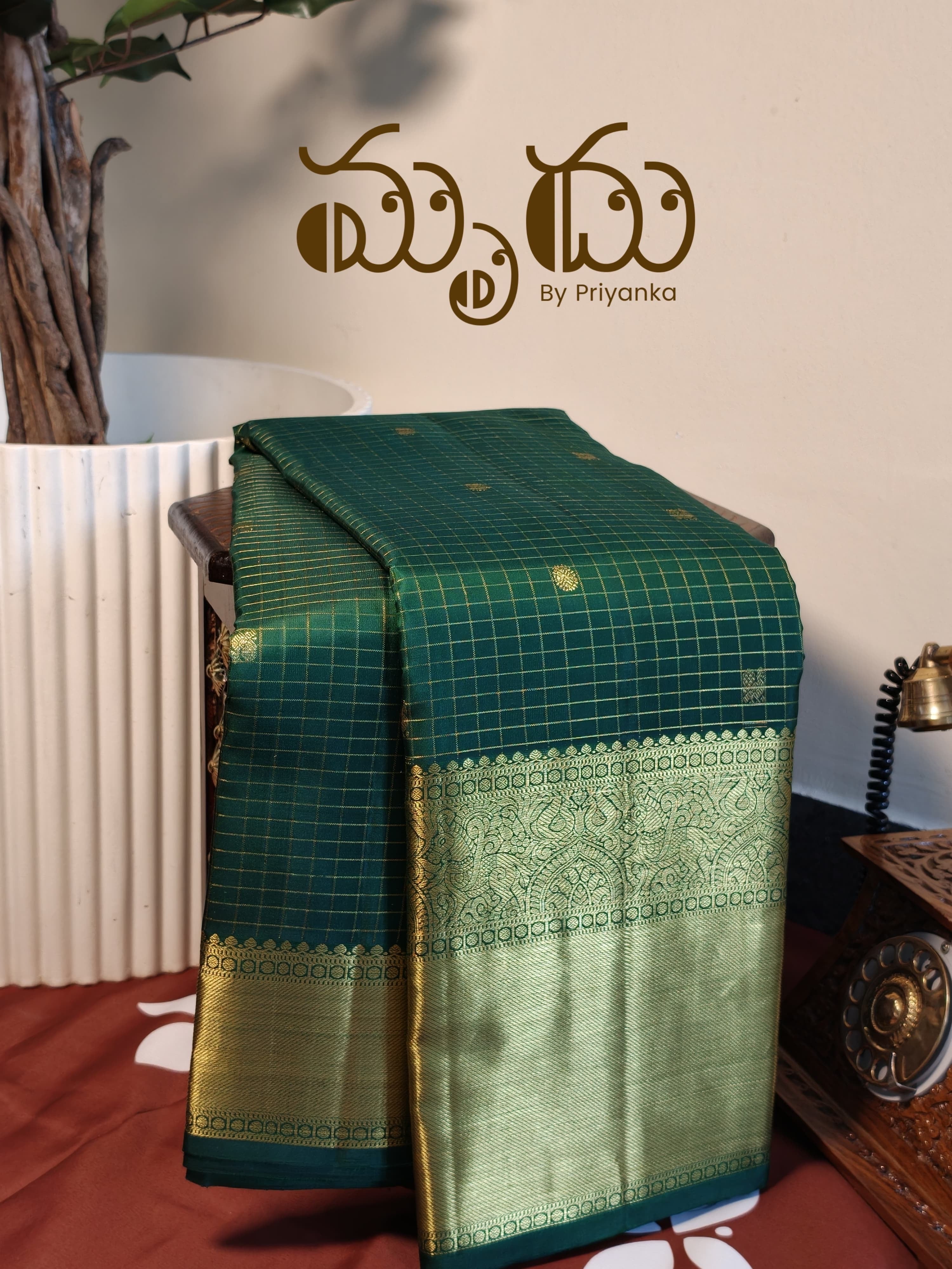 Regal Green Checked Kancheepuram Silk Saree